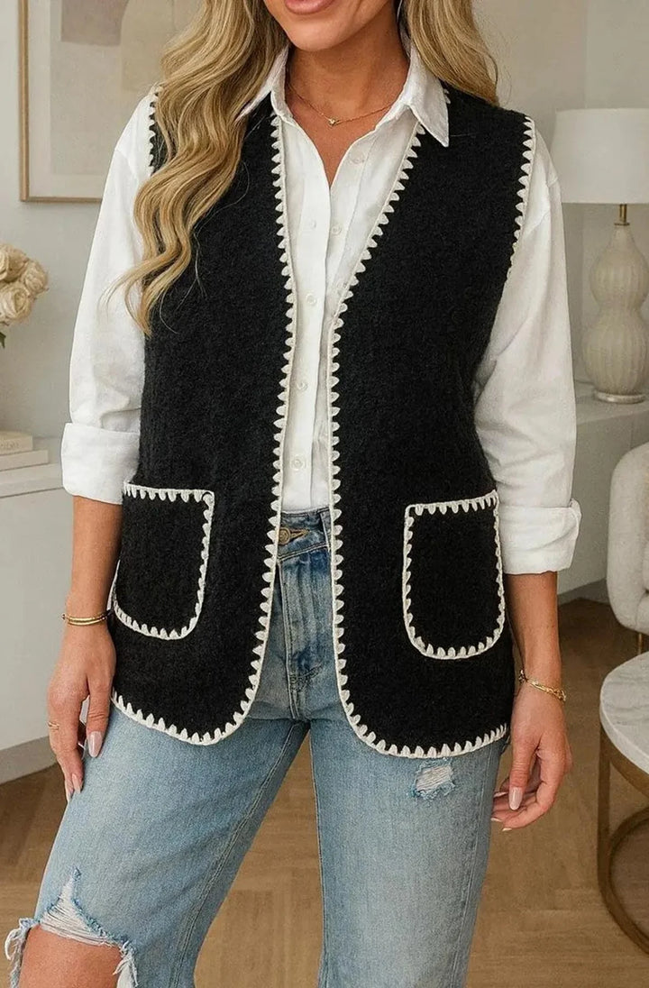 LOTTIE CONTRAST TRIM OPEN-FRONT GILET VEST-BLACK