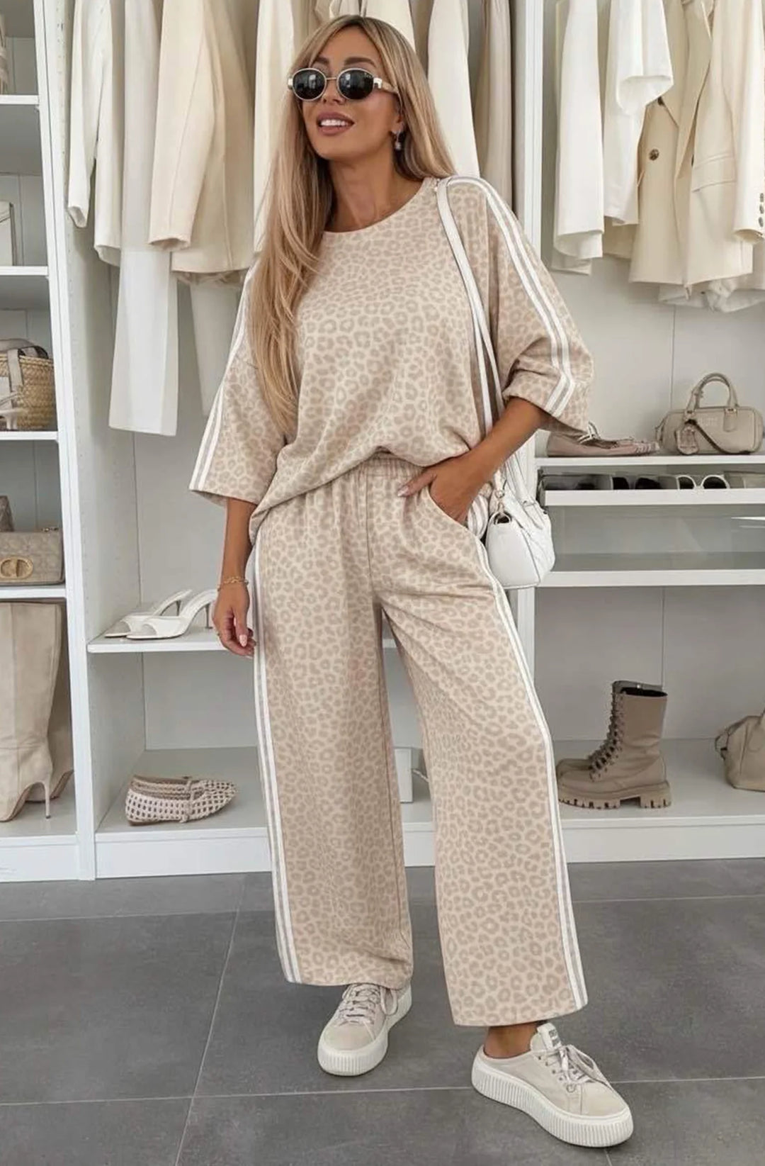 Luciana Leopard Print Two-Piece Lounge Co-Ord Set-Stone