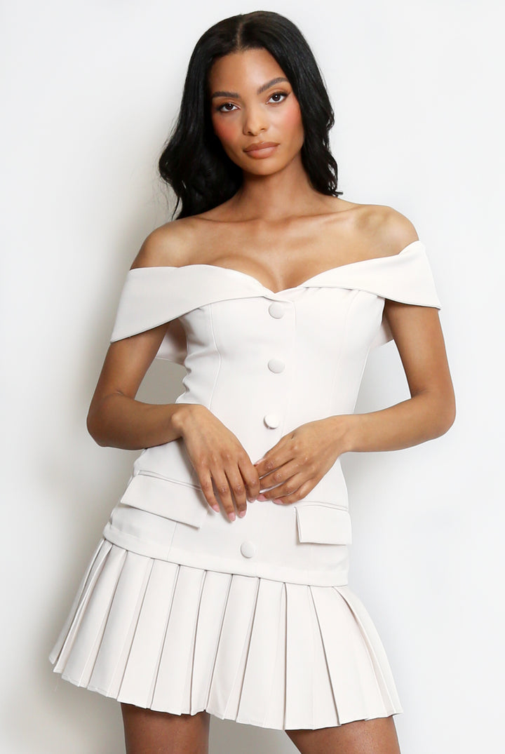 Luxe Tailored Bardot Button Front Mini Dress