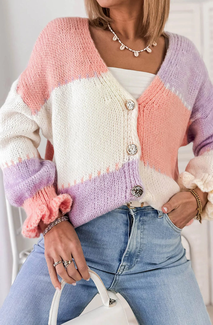 LYDIA COLOUR BLOCK KNITTED CARDIGAN-PURPLE