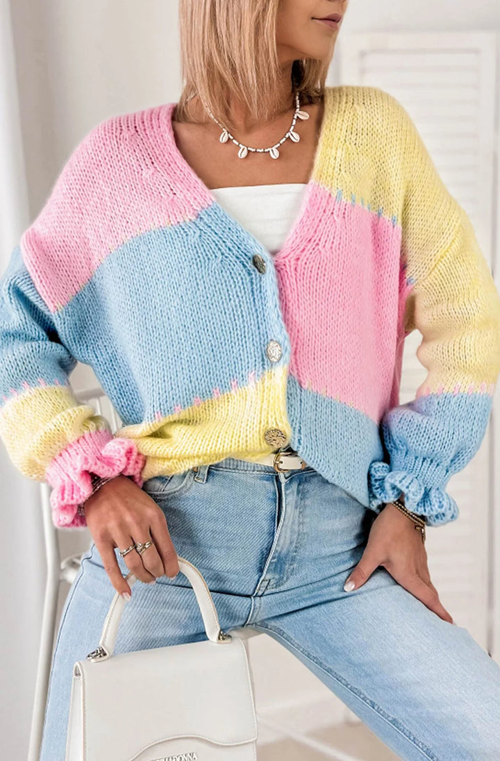 LYDIA COLOUR BLOCK KNITTED CARDIGAN-YELLOW