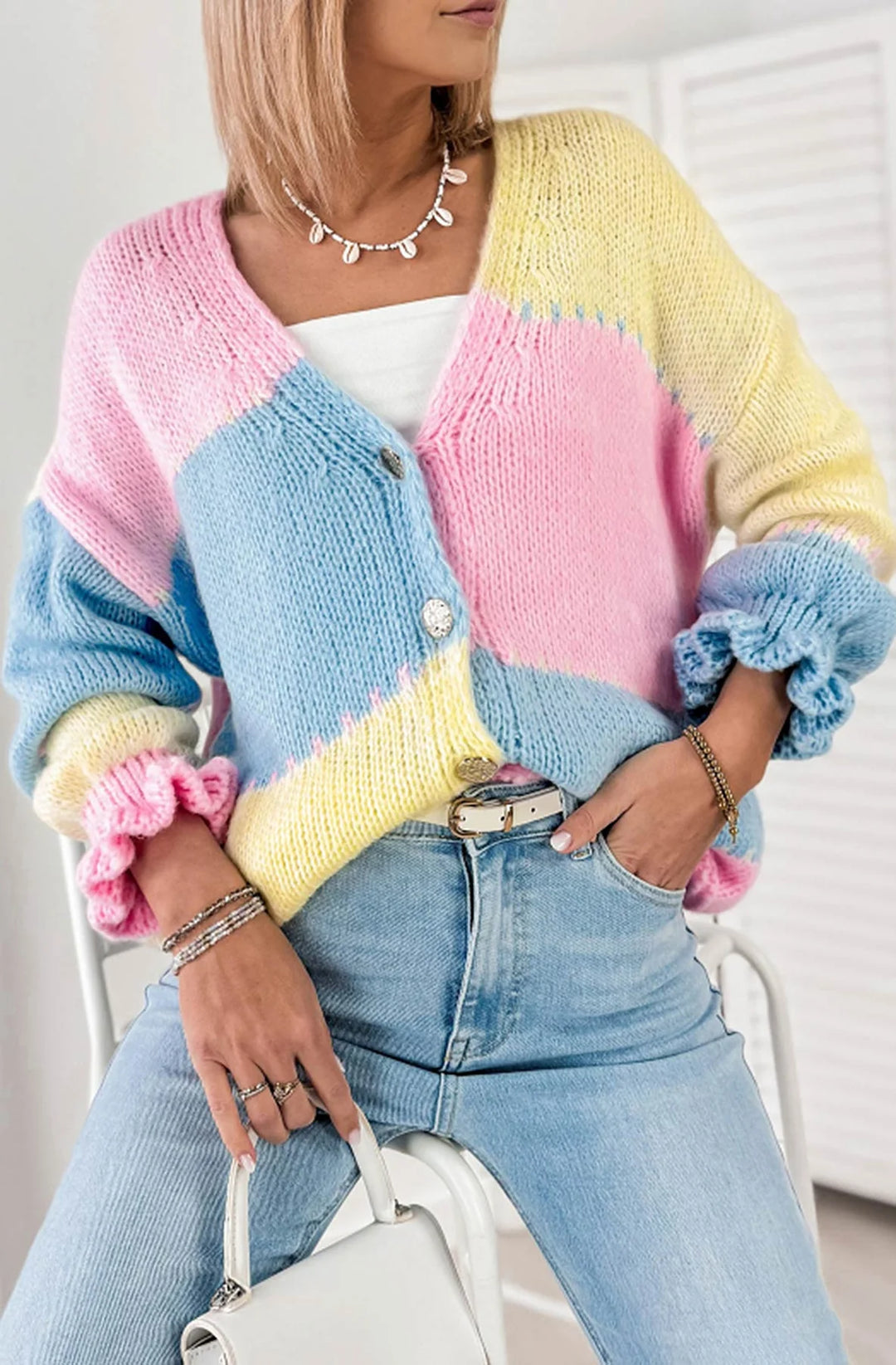 LYDIA COLOUR BLOCK KNITTED CARDIGAN-YELLOW