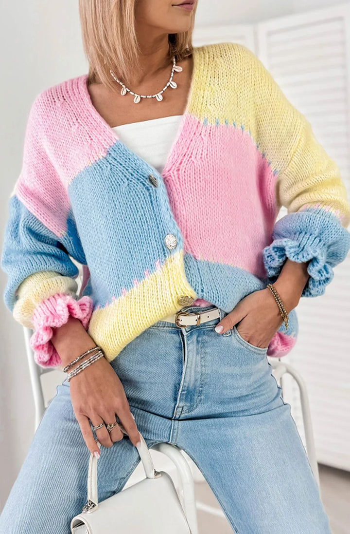 LYDIA COLOUR BLOCK KNITTED CARDIGAN-YELLOW