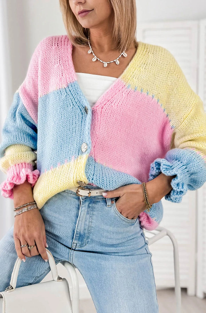 LYDIA COLOUR BLOCK KNITTED CARDIGAN-YELLOW