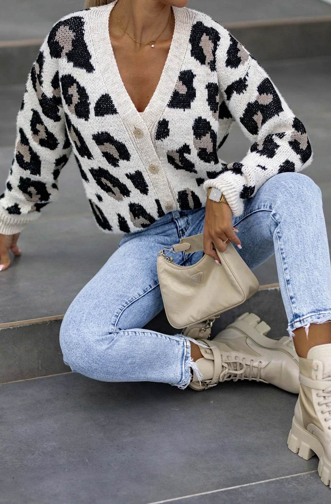 LYNDA LEOPARD PRINT KNITTED CARDIGAN-STONE