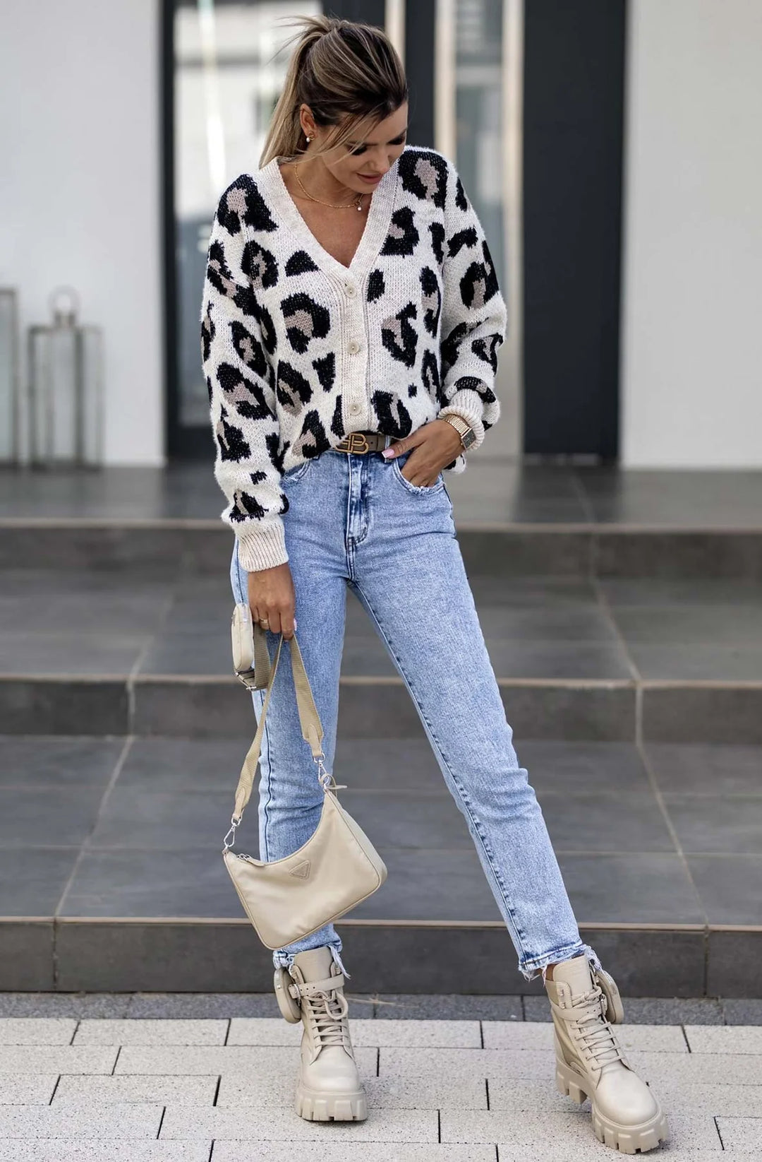 LYNDA LEOPARD PRINT KNITTED CARDIGAN-STONE