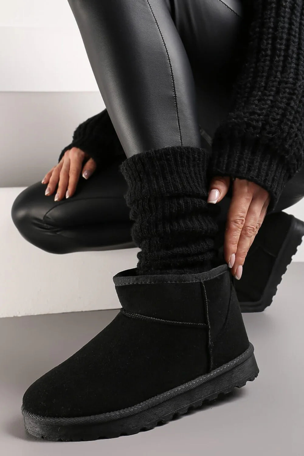 BLACK FAUX SUEDE ULTRA MINI COZY SNOW ANKLE BOOTS