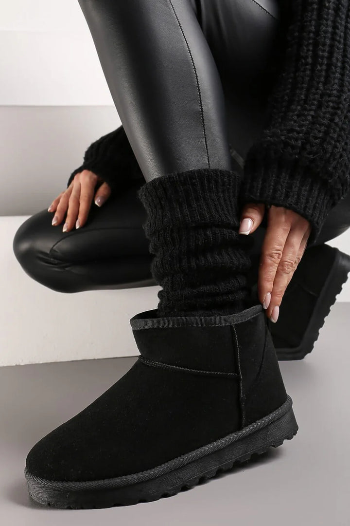 BLACK FAUX SUEDE ULTRA MINI COZY SNOW ANKLE BOOTS