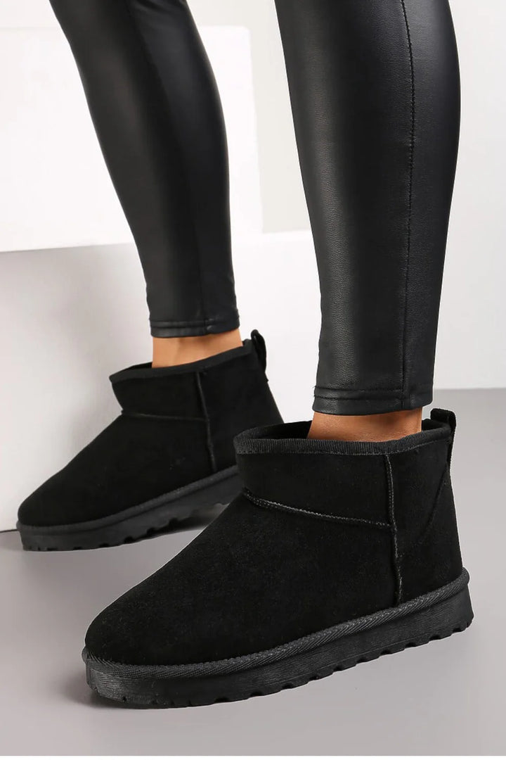 BLACK FAUX SUEDE ULTRA MINI COZY SNOW ANKLE BOOTS