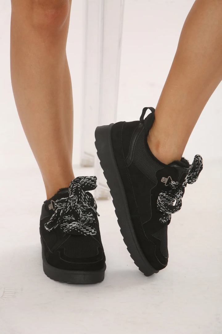 Black Designer Fur Lined Lace-Up Trainers