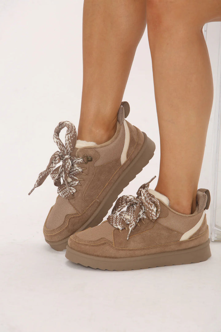 Camel Designer Fur Lined Lace-Up Trainers
