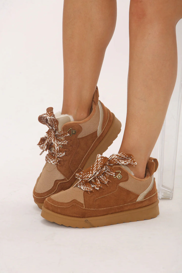 Chestnut Designer Fur Lined Lace-Up Trainers
