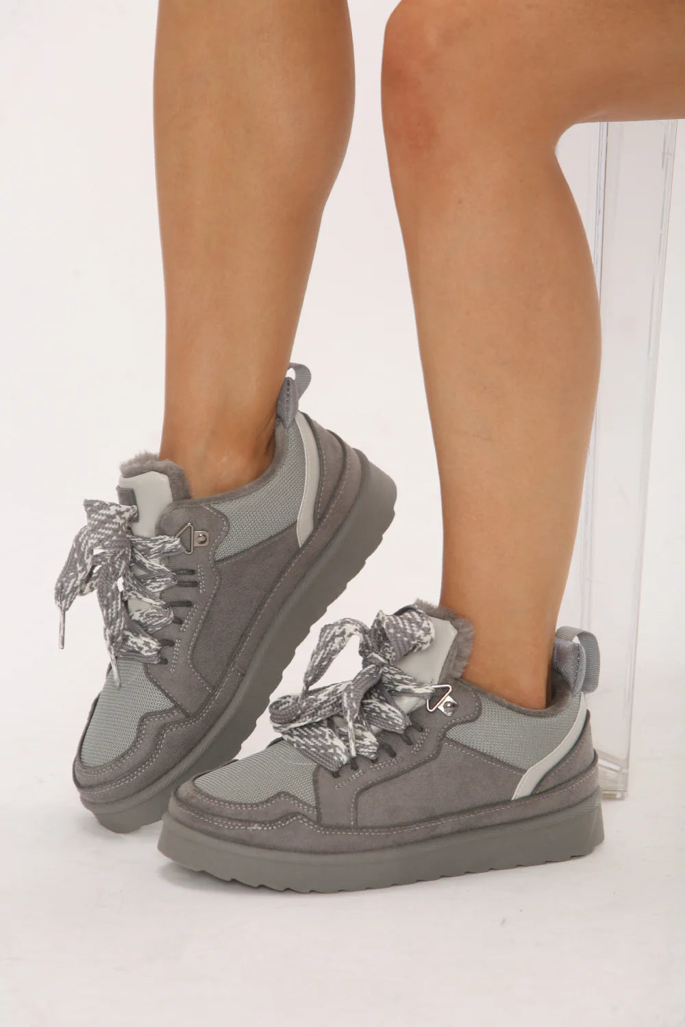 Grey Designer Fur Lined Lace-Up Trainers