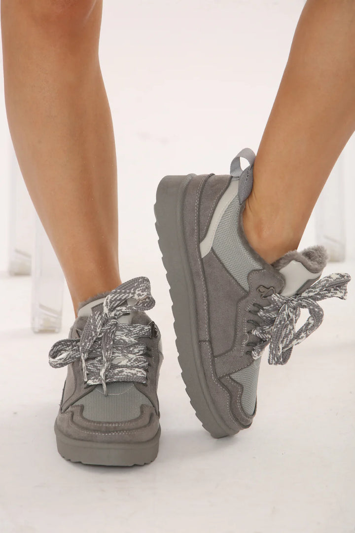 Grey Designer Fur Lined Lace-Up Trainers