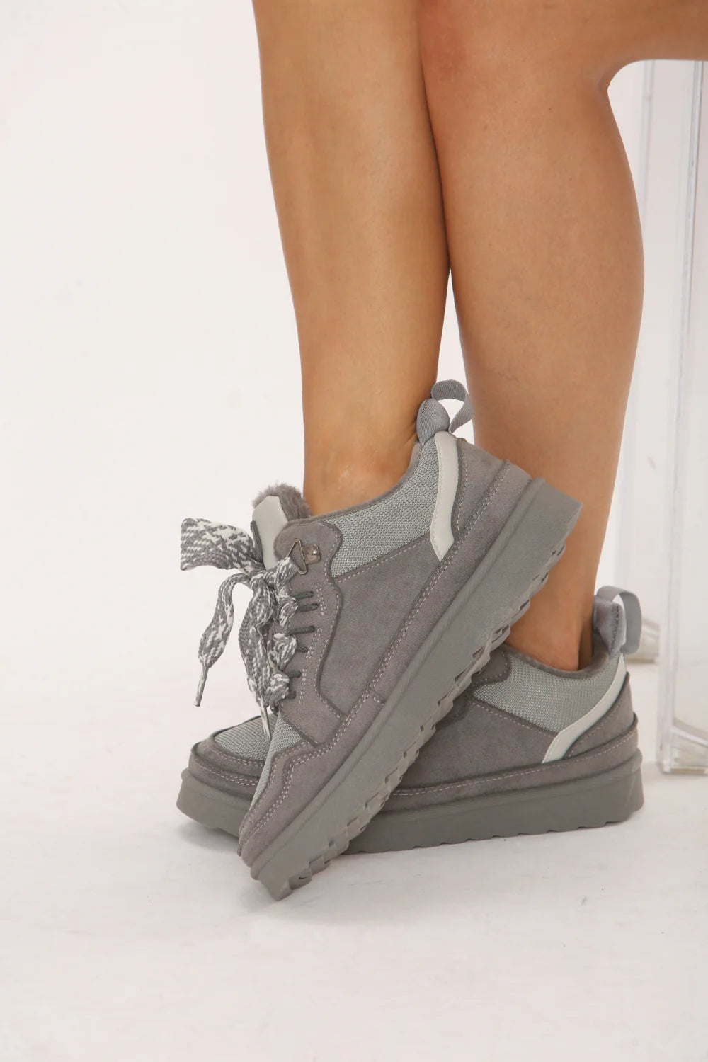 Grey Designer Fur Lined Lace-Up Trainers