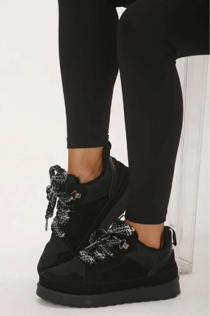 Black Designer Fur Lined Lace-Up Trainers