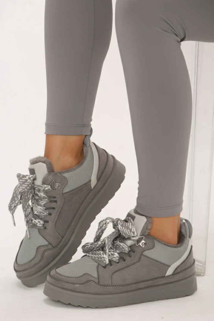 Grey Designer Fur Lined Lace-Up Trainers