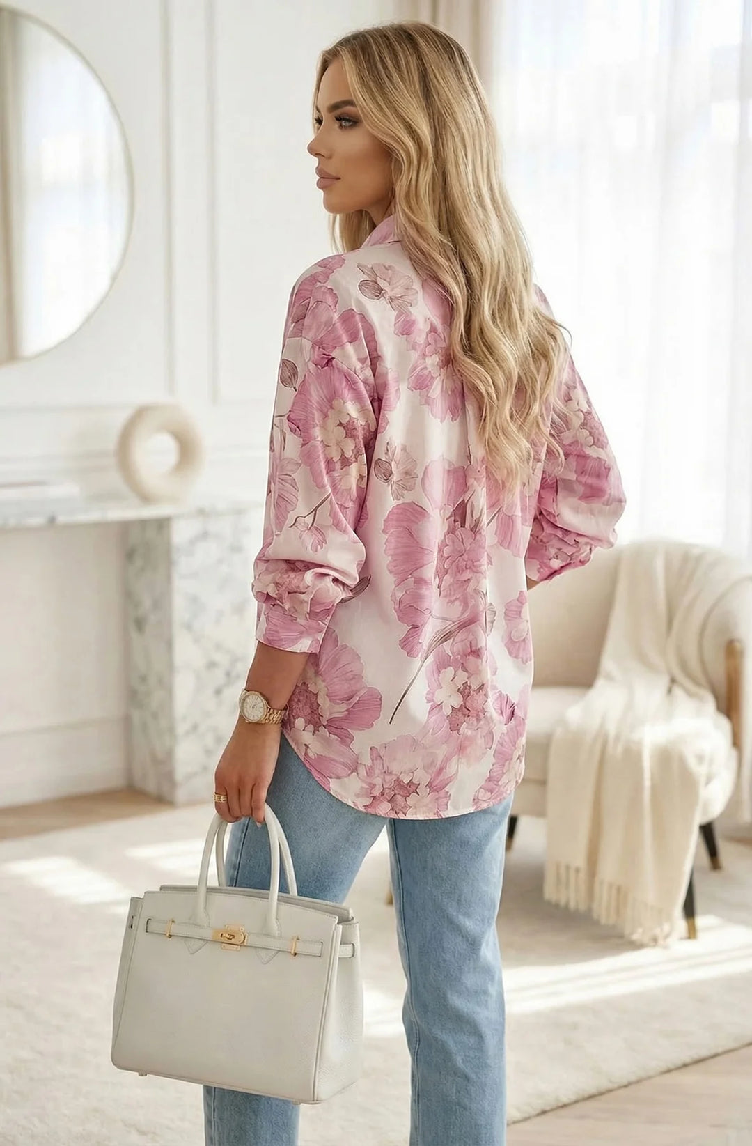 Macey Satin Oversized Floral Batwing Sleeve Shirt Top-Pink