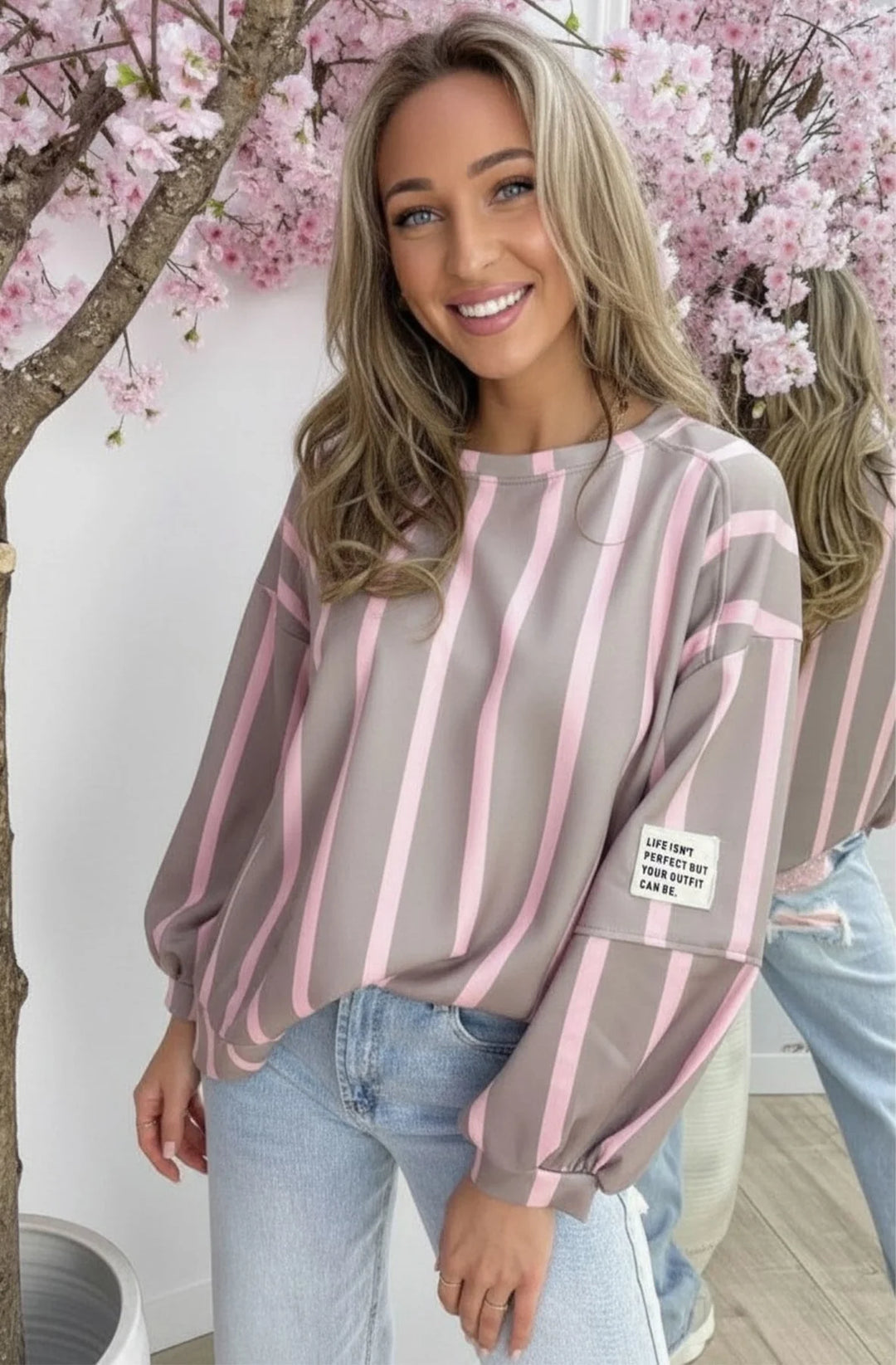 Maisie Oversized Stripe Balloon Sleeve Sweatshirt Top-Grey