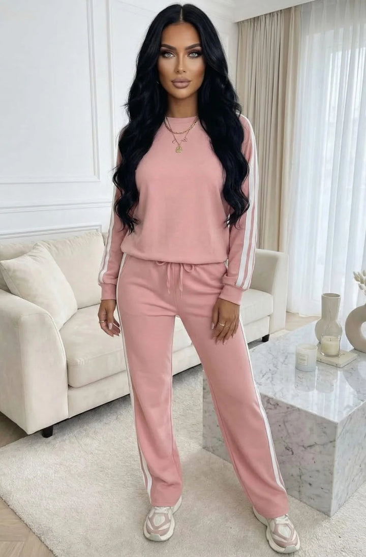 Margot Contrast Side Stripe Relaxed Two-Piece Lounge Set-Dusty Pink
