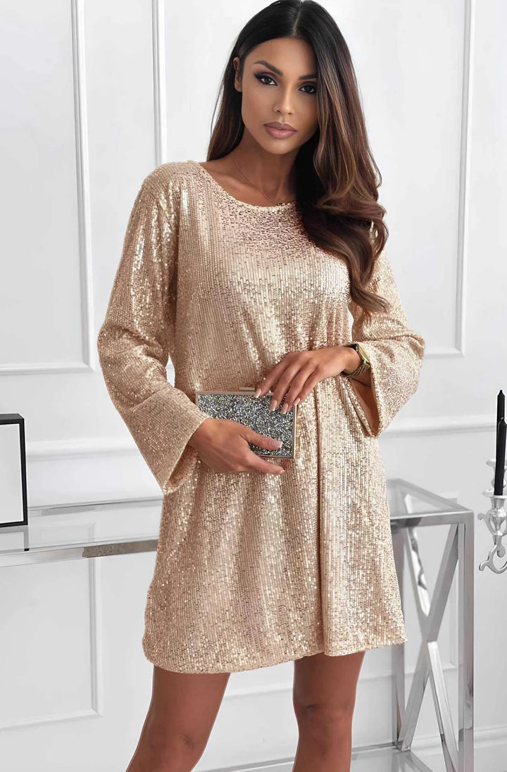 Meliora Sequin Bow-Back Long Sleeve Dress-Gold