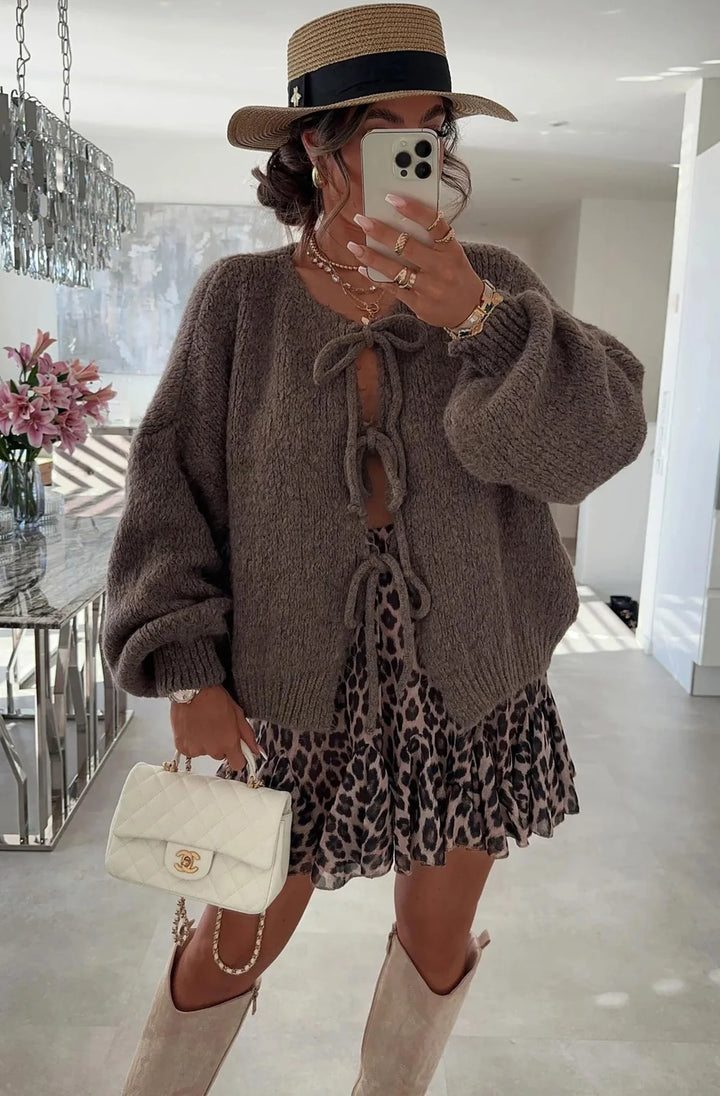 MEREDITH TIE-UP KNITTED CARDIGAN-BROWN