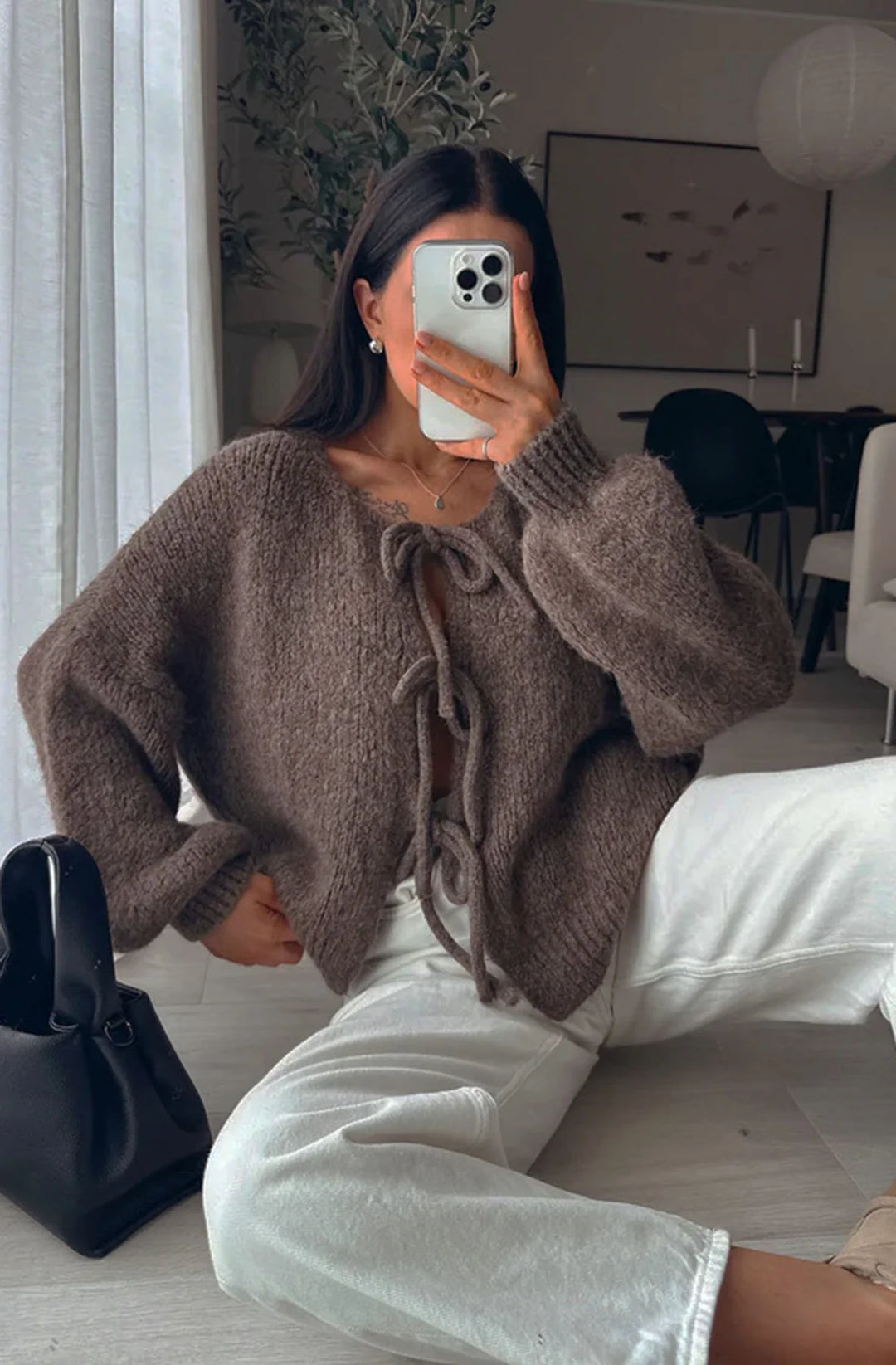 MEREDITH TIE-UP KNITTED CARDIGAN-BROWN