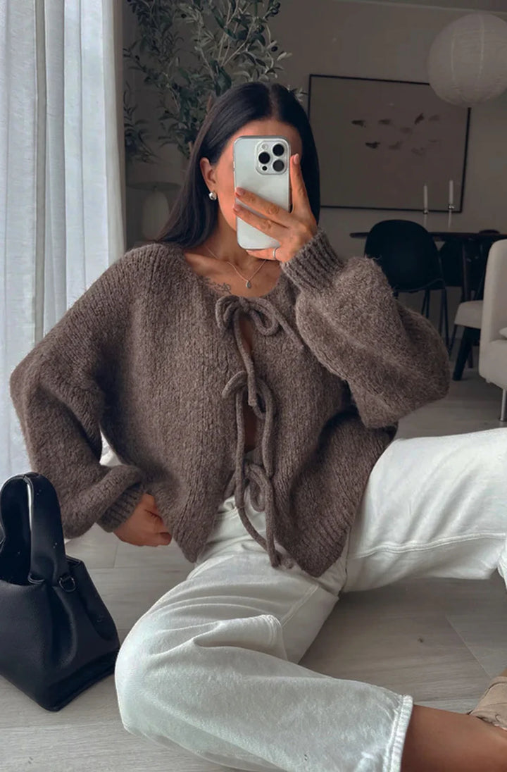 MEREDITH TIE-UP KNITTED CARDIGAN-BROWN