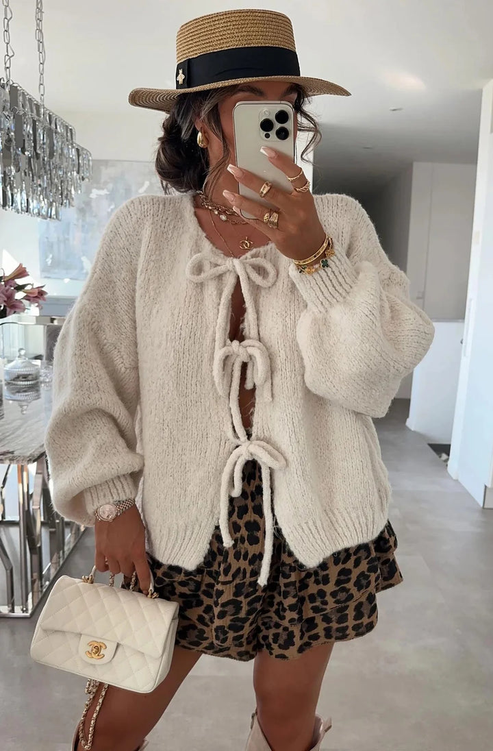MEREDITH TIE-UP KNITTED CARDIGAN-CREAM