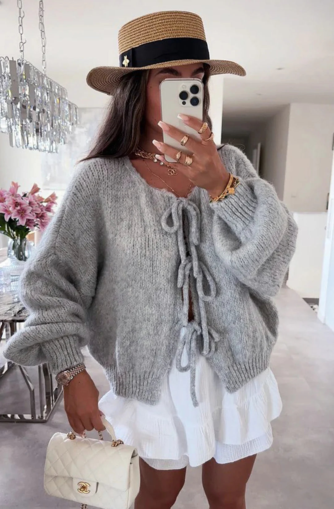 MEREDITH TIE-UP KNITTED CARDIGAN-GREY