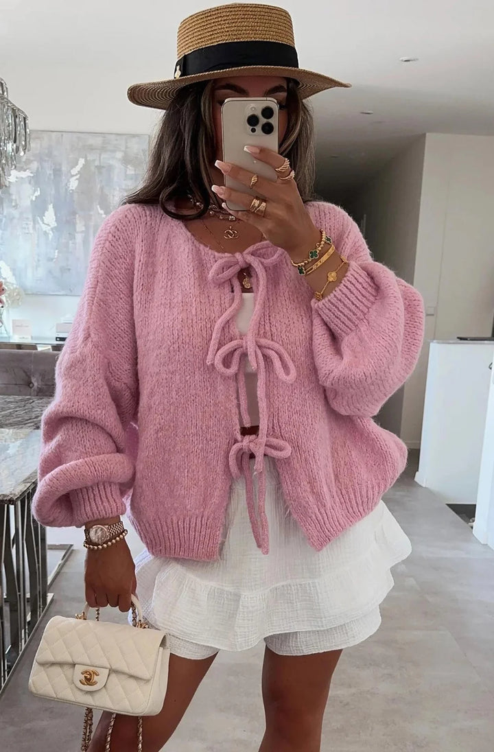 MEREDITH TIE-UP KNITTED CARDIGAN-PINK