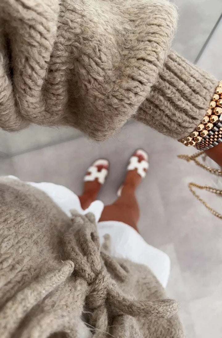MEREDITH TIE-UP KNITTED CARDIGAN-STONE