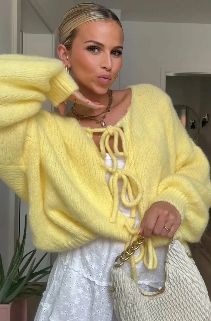 MEREDITH TIE-UP KNITTED CARDIGAN-YELLOW