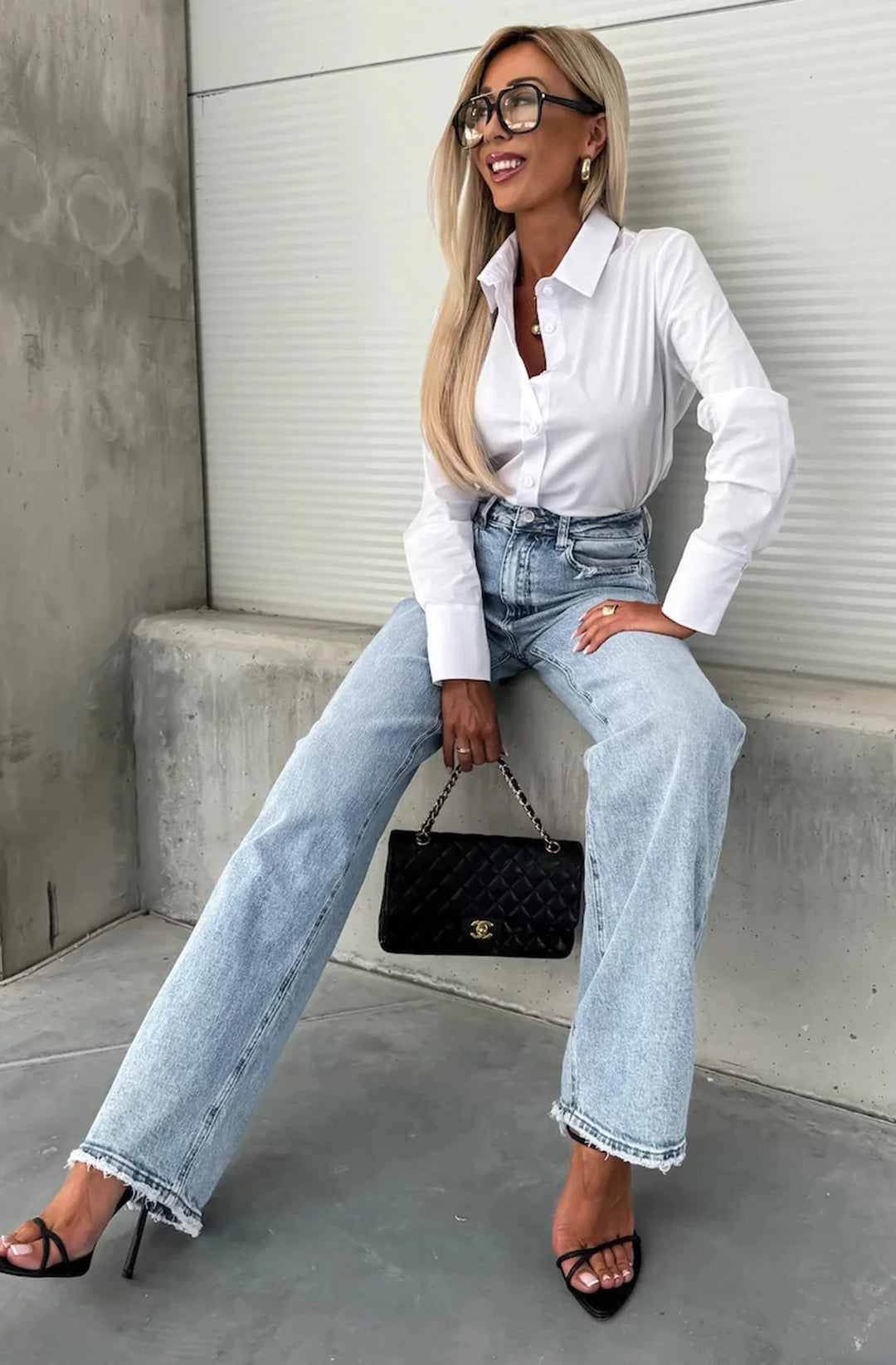 MIMI WIDE LEG FRAYED HEM DENIM JEANS-LIGHT BLUE