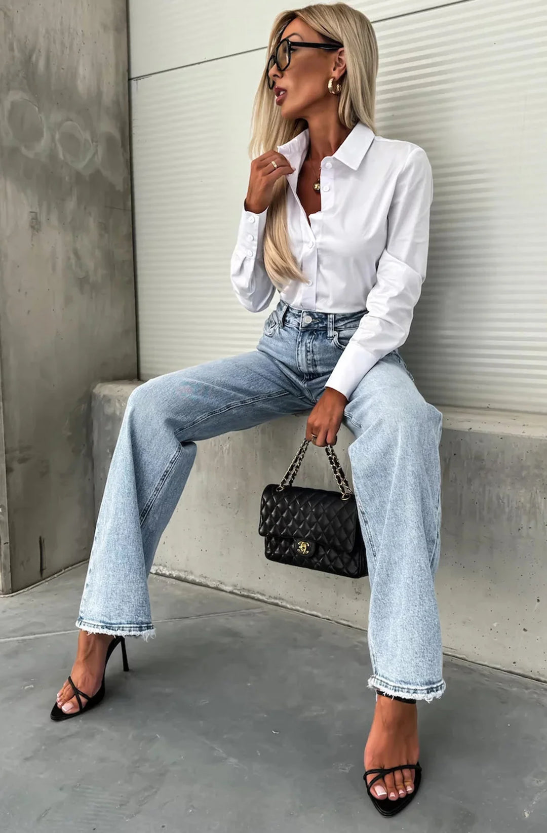 MIMI WIDE LEG FRAYED HEM DENIM JEANS-LIGHT BLUE