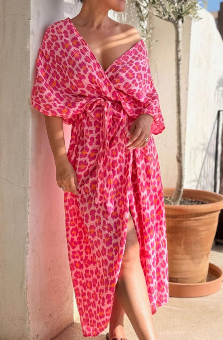 MIRA LEOPARD ANIMAL OPEN FRONT WRAP COTTON GAUZE STYLE MIDAXI DRESS-PINK