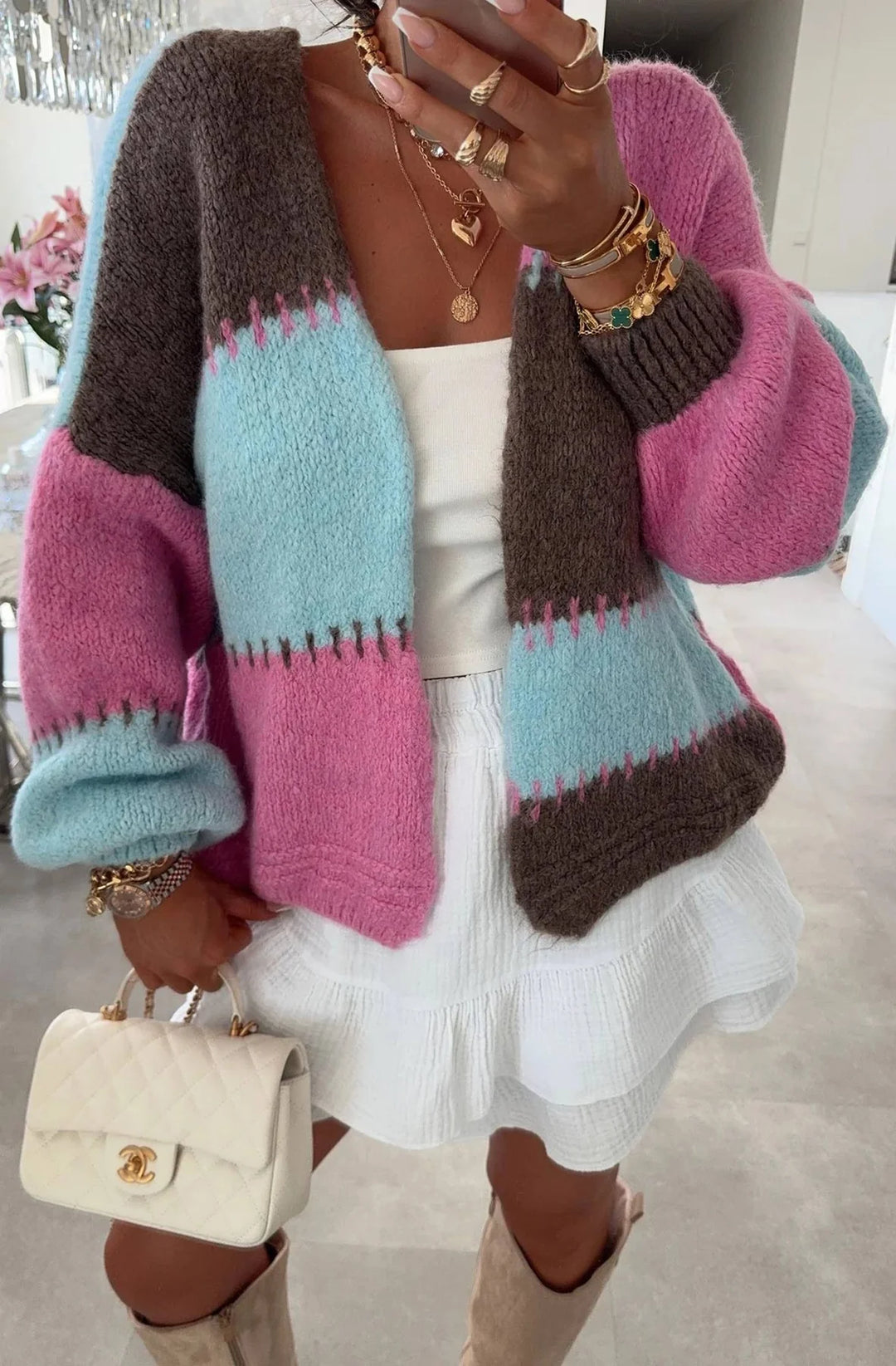 MIRAYA CONTRAST COLOUR BLOCK KNITTED CARDIGAN-BROWN