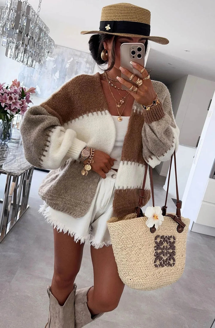 MIRAYA CONTRAST COLOUR BLOCK KNITTED CARDIGAN-STONE