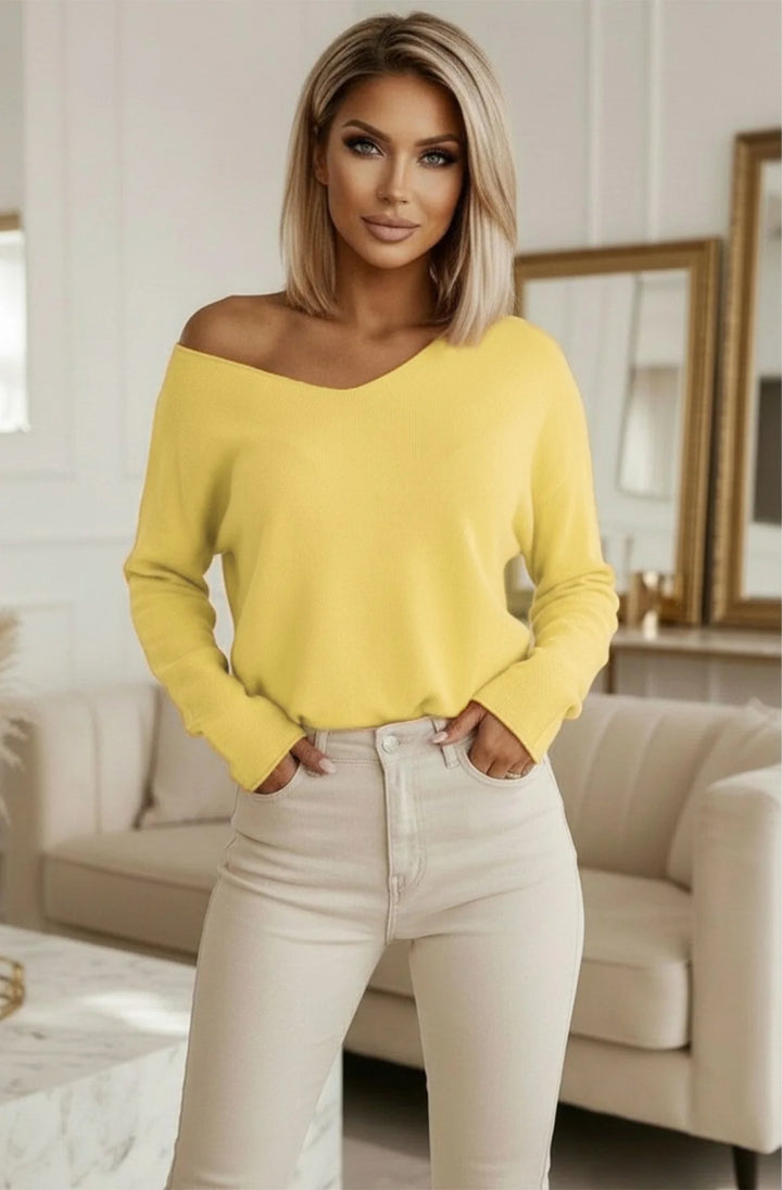 Mollie V-Neck Relaxed Lightweight Knit Jumper-Yellow