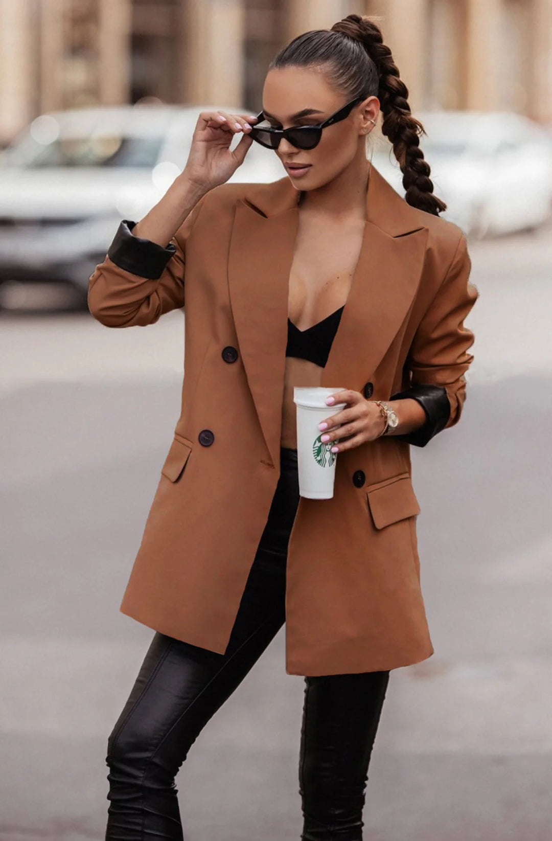 MYLA OVERSIZED FAUX LEATHER BLAZER JACKET-BROWN