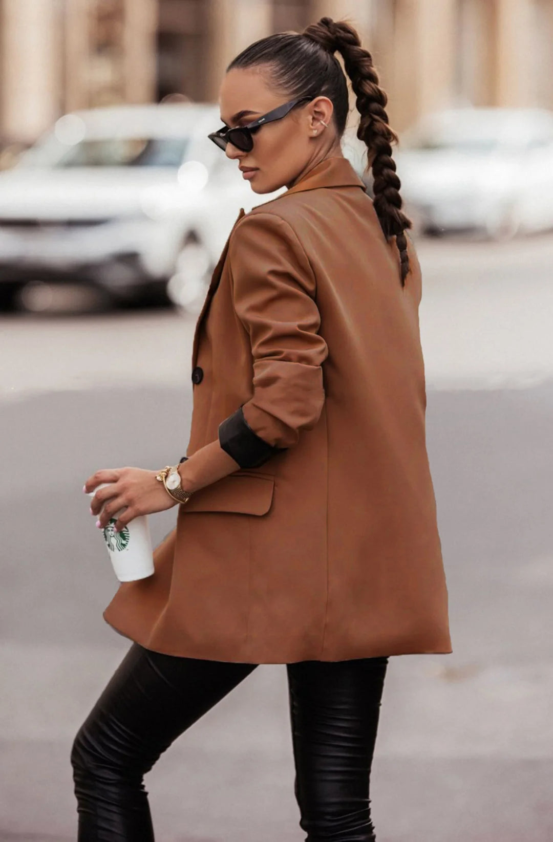 MYLA OVERSIZED FAUX LEATHER BLAZER JACKET-BROWN