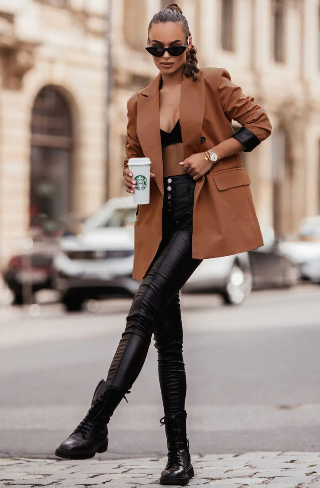 MYLA OVERSIZED FAUX LEATHER BLAZER JACKET-BROWN