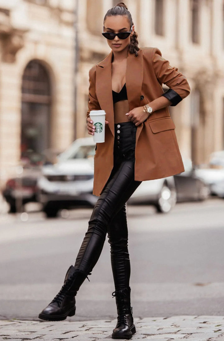 MYLA OVERSIZED FAUX LEATHER BLAZER JACKET-BROWN