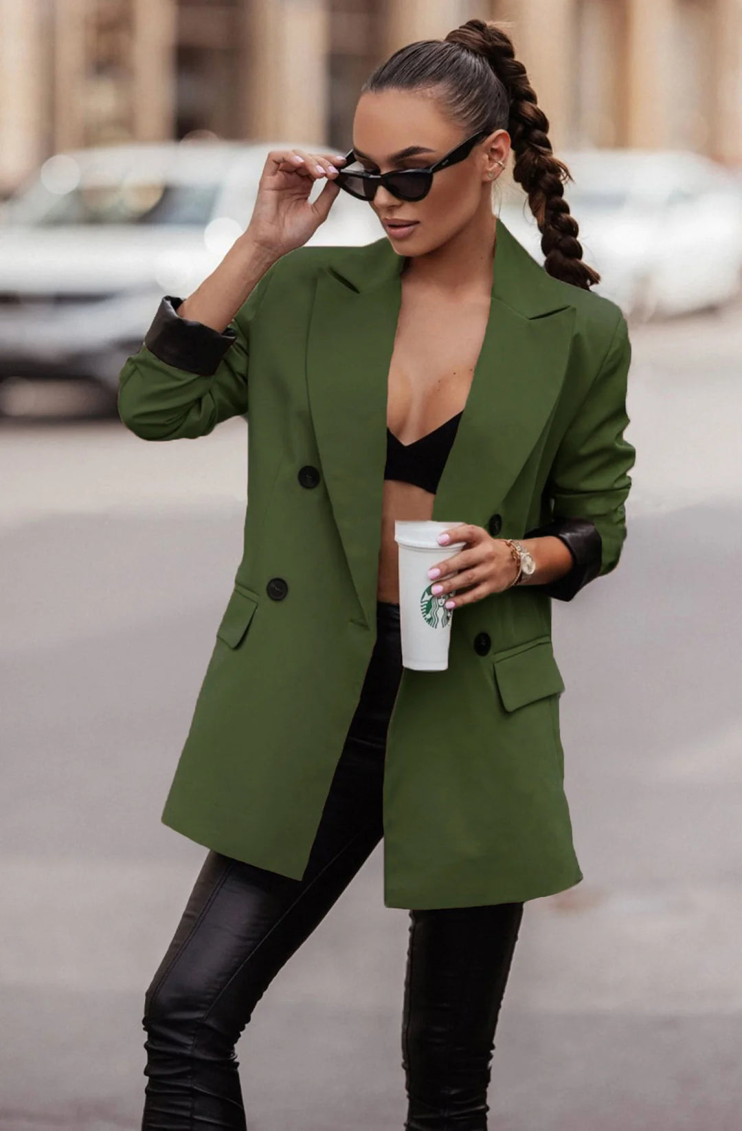 MYLA OVERSIZED FAUX LEATHER BLAZER JACKET-KHAKI