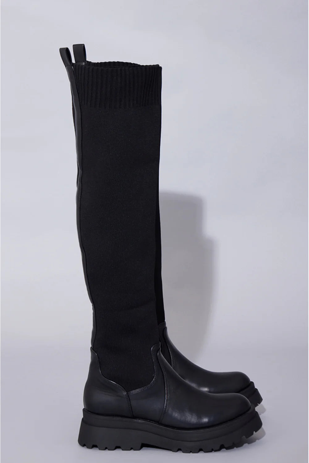 BLACK PU CHUNKY PLATFORM OVER THE KNEE KNITTED SOCK BOOTS