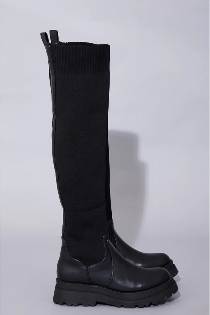 BLACK PU CHUNKY PLATFORM OVER THE KNEE KNITTED SOCK BOOTS