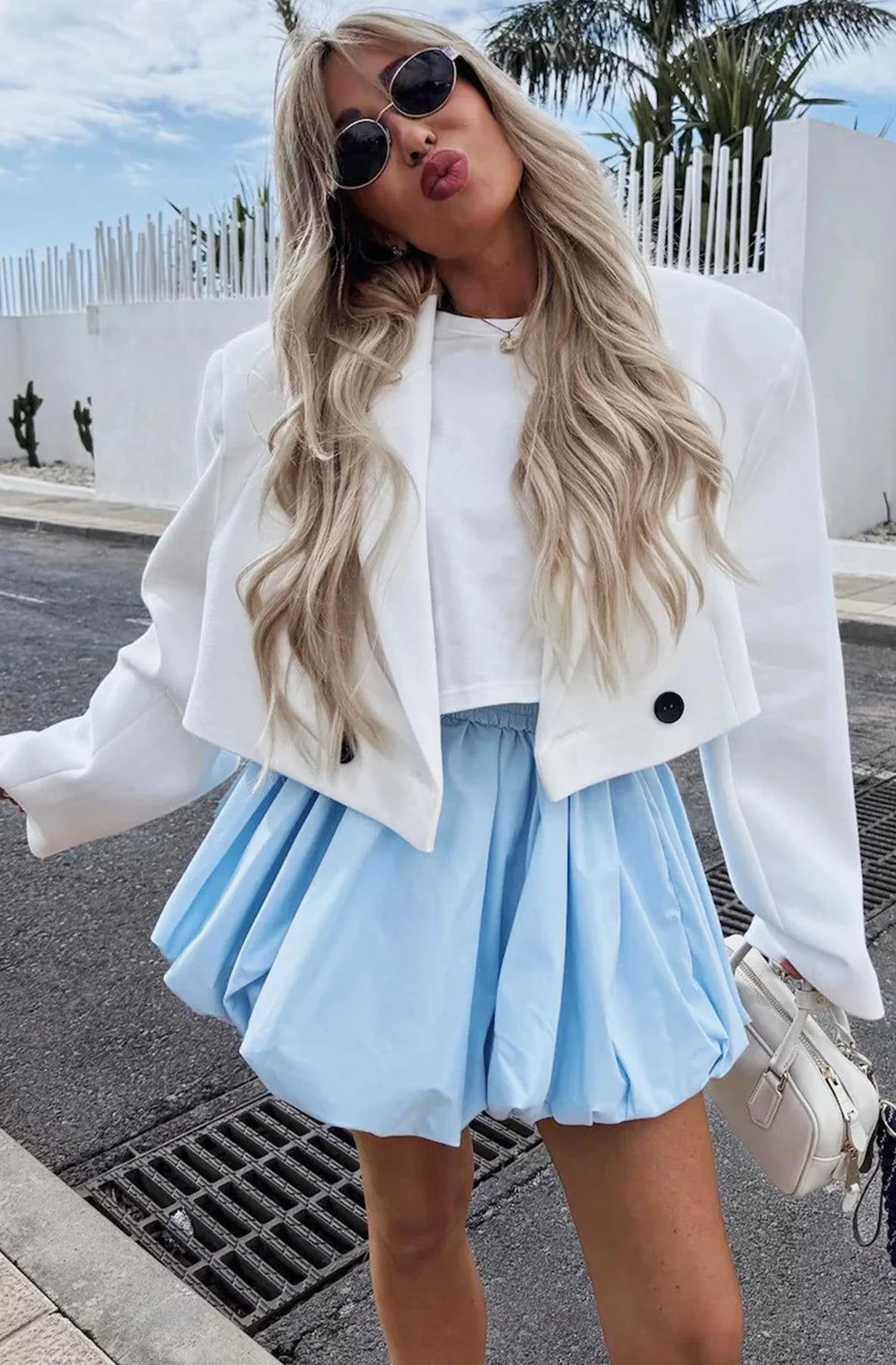 NATALIE PUFF BALL BALLOON MINI SKIRT-SKY BLUE