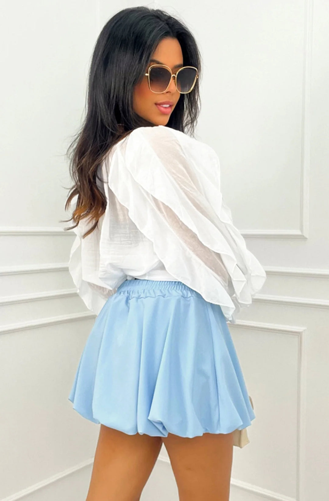 NATALIE PUFF BALL BALLOON MINI SKIRT-SKY BLUE