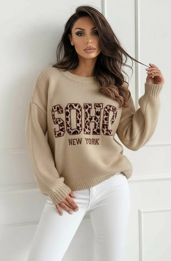 Nixi 'SOHO NY' Animal Graphic Alpaca Knit Sweater Jumper-Stone