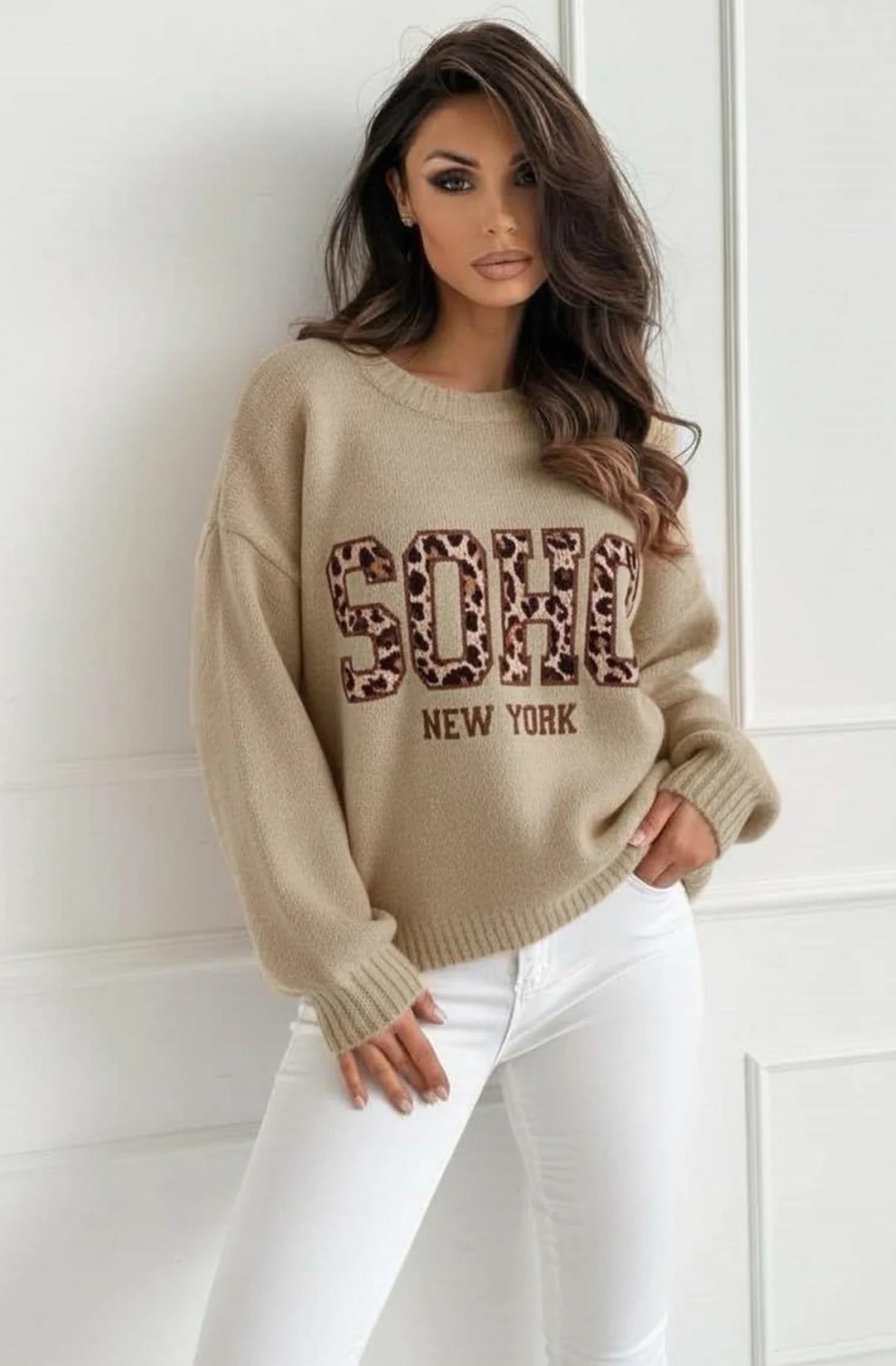 Nixi 'SOHO NY' Animal Graphic Alpaca Knit Sweater Jumper-Stone